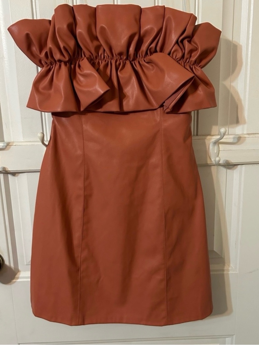 DO+BE Strapless Ruffle Faux Leather Mini Dress in Terracotta